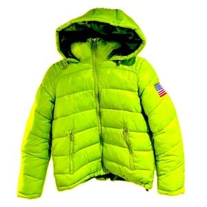 🧥🎿 GUESS Neon Green Quilted Puffer Jacket | Sz M | Hooded Ski Snowboard USA